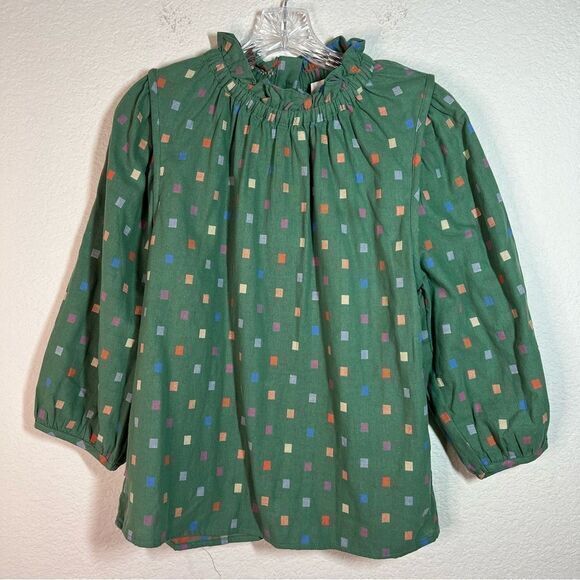 Ro & De Green Box Long Sleeve Button Down at Back Ruffle Round Neck Womens Small - Picture 1 of 7
